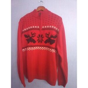 Chaps Quarter Zip Sweater Moose Fair Isle‎ Pullover Red Knit Sweater